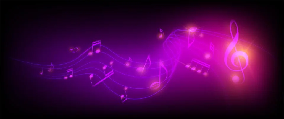 Music notes, clef musical with sheet waves vector illustration. Melody neon Stock Illustration