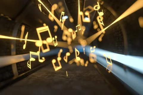 Music notes with dark background, floating notes, 3d rendering. Stock Photos