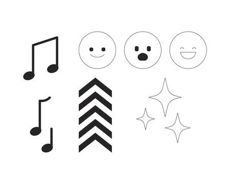 Music notes, emojis and chevron sparkles 2D line objects set Illustrazione stock
