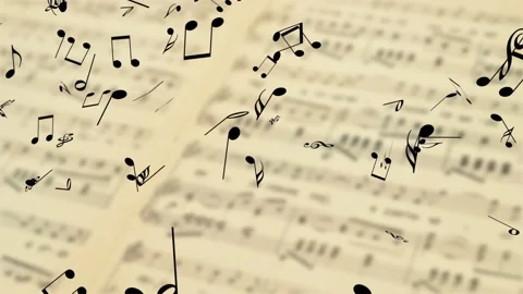 Music notes falling on the blured background with old music sheet Stock Footage 133605554