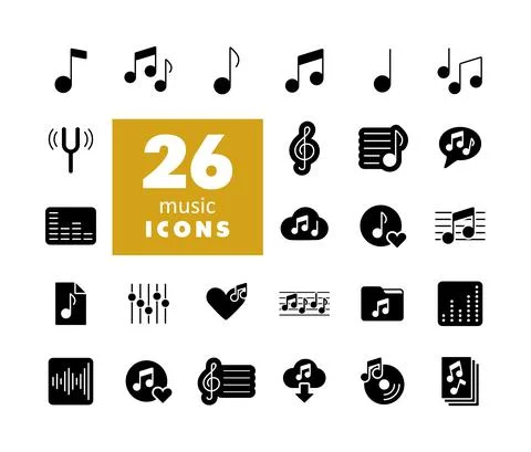 Music notes flat vector glyph icons set Stock Illustration