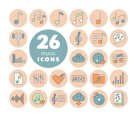 Music notes flat vector icons set Stock Illustration
