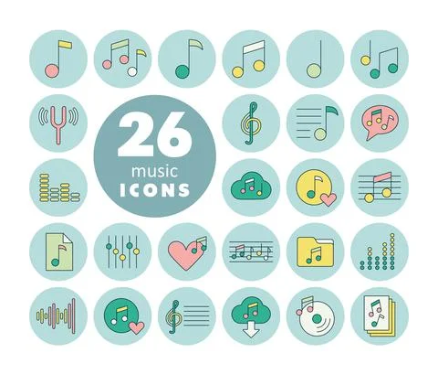Music notes flat vector icons set Stock Illustration