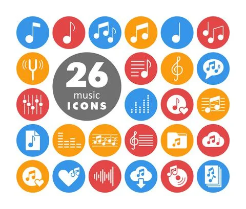 Music notes flat vector white glyph icons set Stock Illustration