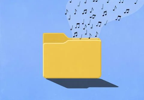 Music notes floating from digital yellow file folder against blue background Stock Illustration