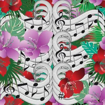 Music notes floral vector seamless pattern. Stock Illustration