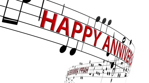 Music notes flowing with message happy anniversary in red color Stock Footage 116669673