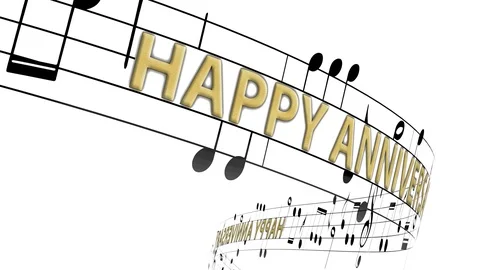 Music notes flowing with message happy anniversary in gold color Stock Footage 116669704