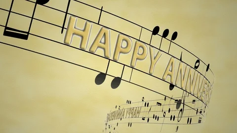 Music notes flowing with message happy anniversary in gold color on old paper Stock Footage 116670530