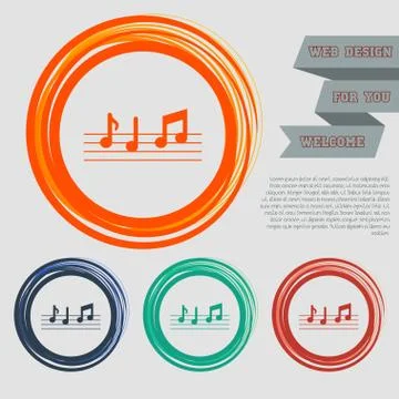 Music notes icon on the red, blue, green, orange buttons for your website and Illustrazione stock