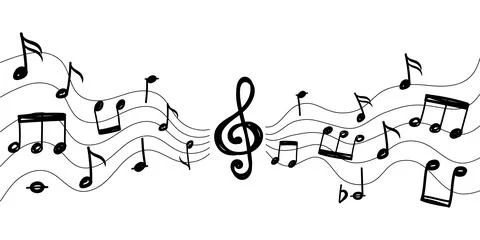 Music notes, party pattern. Sound of melody, ornament paper, vintage line m.. 库存插图