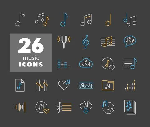 Music notes vector icons set on dark background 스톡 일러스트