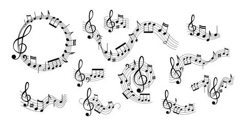 Music notes wave set. Wavy and round frames with different notes of musical Stock Illustration