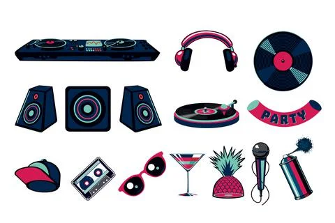 Music party vector icon set. Dance night club signs collection. Stock Illustration