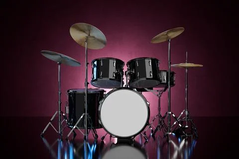 Music Performance And Creative Sound Concept. Black Drum Kit With Cymbals S.. Stock Illustration