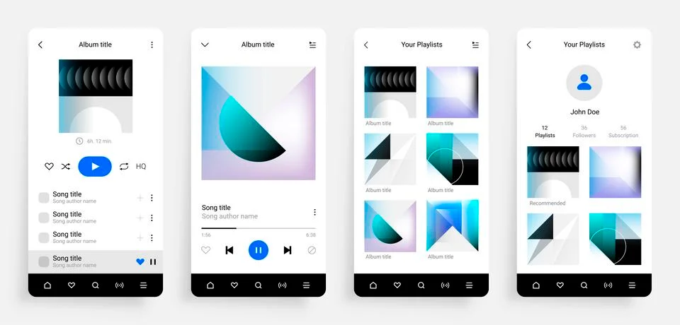 Music player app. Mobile application interface with musical album, song playlist Stock Illustration