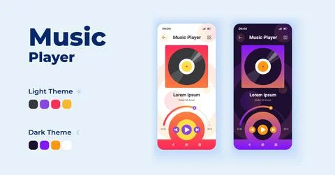 Music player cartoon smartphone interface vector templates set Illustrazione stock
