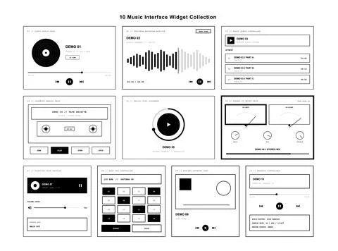 Music player interface widget collection with audio waveforms vinyl 库存插图