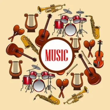 Music poster. Wind and strings musical instruments Stock Illustration
