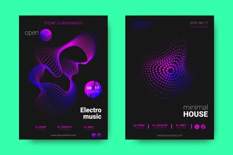 Music Posters with Equalizer and Wave Distorted Circles. Stock Illustration