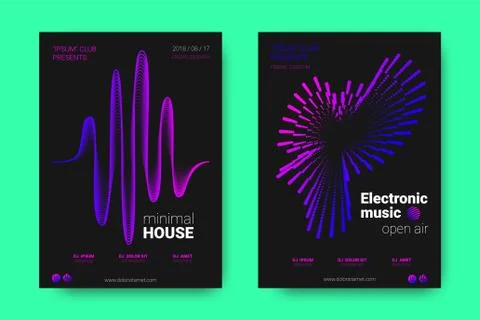 Music Posters with Equalizer and Wave Distorted Circles. Stock Illustration