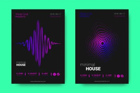 Music Posters with Equalizer and Wave Distorted Circles. Stock Illustration