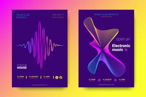 Music Posters with Equalizer and Wave Colorful Distorted Lines. Stock Illustration