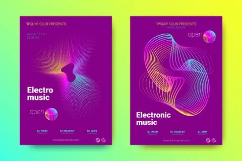 Music Posters Set with Wave Lines and Distortion. Stock Illustration