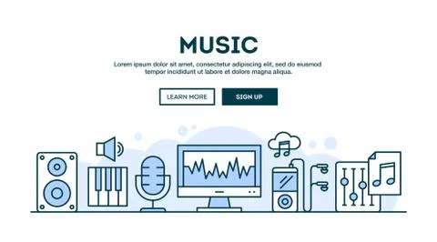 Music production, concept header, flat design thin line style Stock Illustration