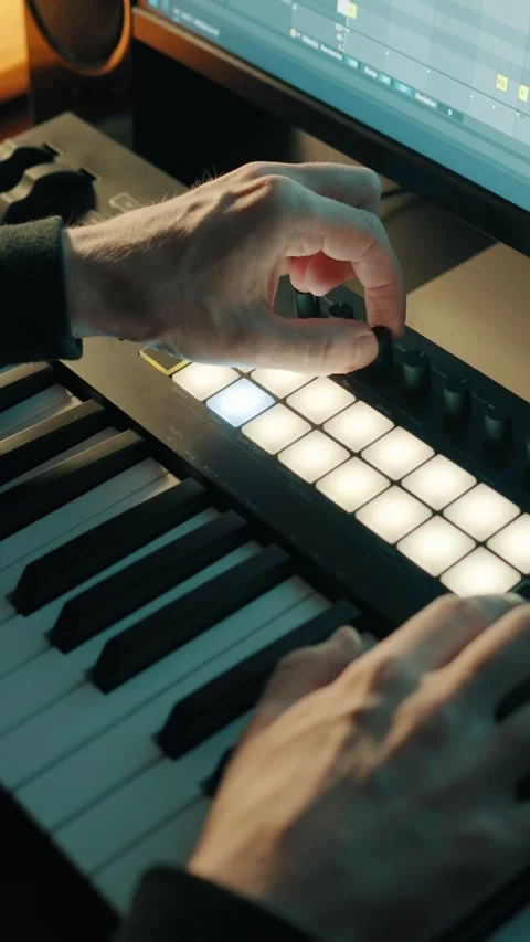 Music production. Man adjusting the knobs on a MIDI keyboard. Home studio 库存影片 328953967