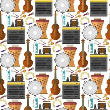 Music production seamless pattern background musical equipment vintage Stock Illustration