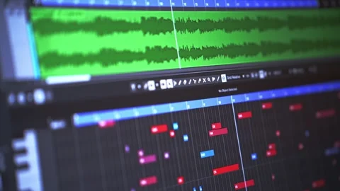 Music Production Software Interface with MIDI Piano Roll and Audio Waveform.. Stock Footage 331255038