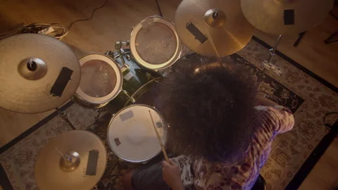 Music Production Studio. Creative world. Afro man playing drums in the rehearsal Stock Footage 138653706
