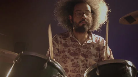 Music Production Studio. Creative world. Hispanic man playing drums in the Stock Footage 138654324
