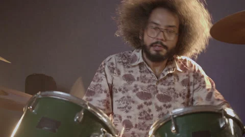 Music Production Studio. Creative world. Latin man playing drums in the Stock Footage 138654630