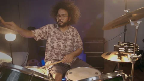 Music Production Studio. Creative world. Hispanic man playing drums in the Stock Footage 138816237