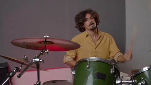 Music Production Studio. Creative world. Hispanic man playing drums in the Stock Footage 138891453