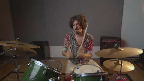 Music Production Studio. Creative world. Hispanic man playing drums in the Stock Footage 138892397