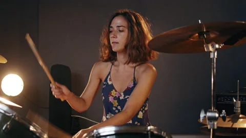 Music Production Studio. Creative world. Hispanic woman playing drums in the Stock Footage 139415076