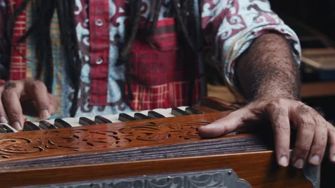 Music production studio. Creative world. Hindi man playing harmonium in the Stock Footage 139895349