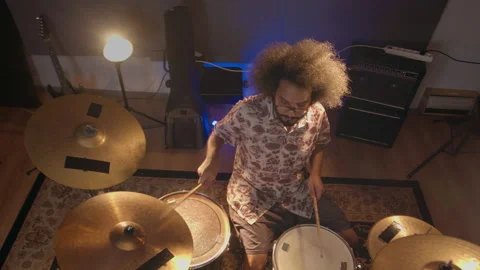Music Production Studio. Creative world. Hispanic man playing drums in the Stock Footage 143259755
