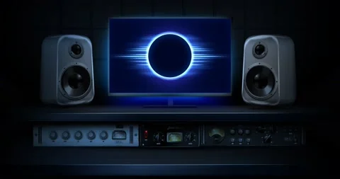 Music recording studio with neon equalizer on monitor. 2D digital graphics. Stock Footage 157994495