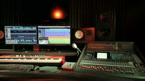 Music recording studio working computer camera sliding Stock Footage 66262712