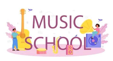 Music school course typographic header. Young performer playing Stock Illustration