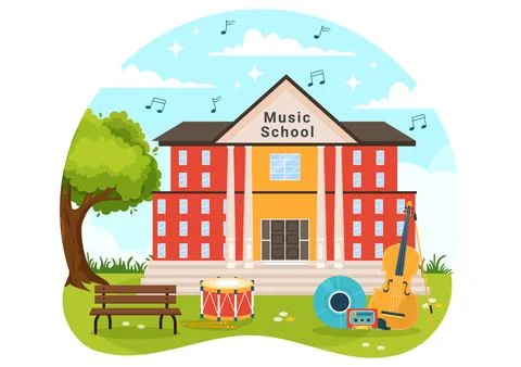 Music School Vector Illustration with Playing Various Musical Instruments, .. Stock Illustration