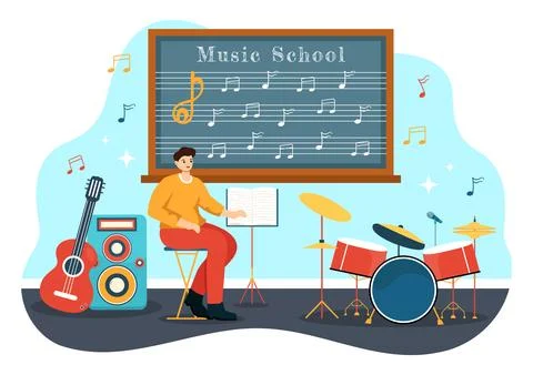 Music School Vector Illustration with Playing Various Musical Instruments, .. Stock Illustration
