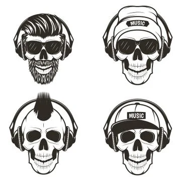 Music skull front view set, vector hand drawn illustration Stock Illustration