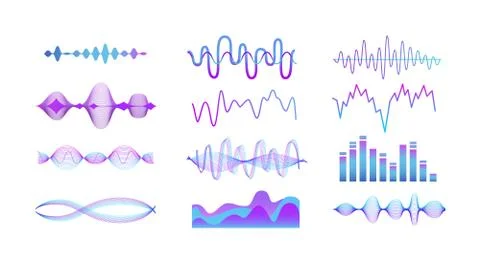 Music sound equalizer set - blue and purple gradient wave lines for audio track Stock Illustration