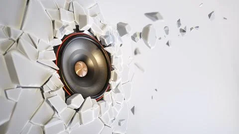 Music speaker breaks through the wall. 3D illustration Stock Illustration