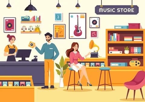 Music Store Vector Illustration with Various Musical Instruments, CD, Casse.. Stock Illustration